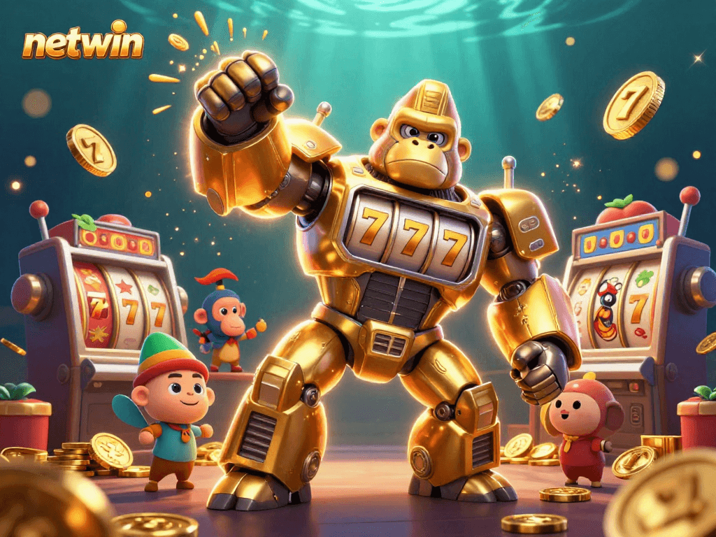 Engage in thrilling gameplay at netwin with a dynamic golden gorilla mech and vibrant slot machine elements.