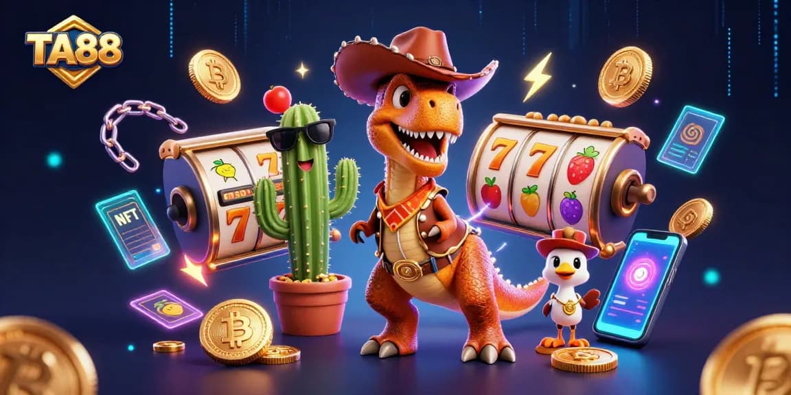Spin the reels with TA88: a vibrant 3D casino illustration featuring characters and crypto elements.