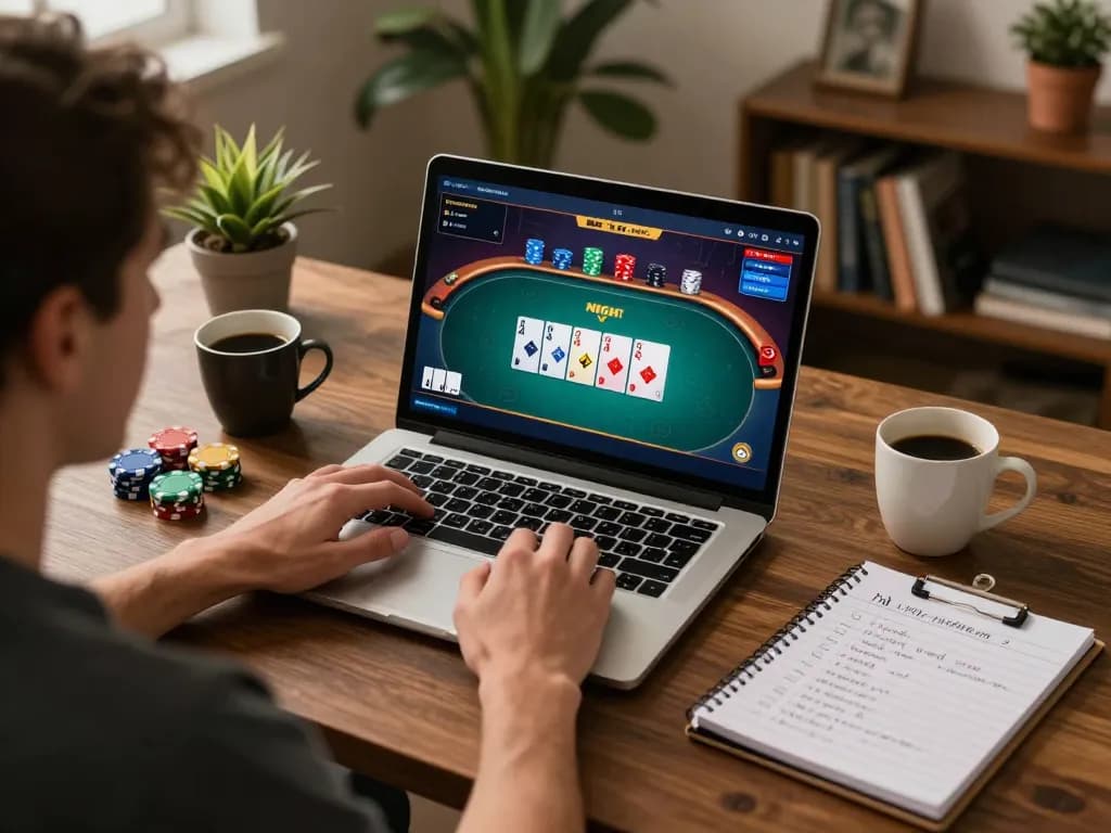 Player strategizing their winning moves on u8888 poker platform at home.