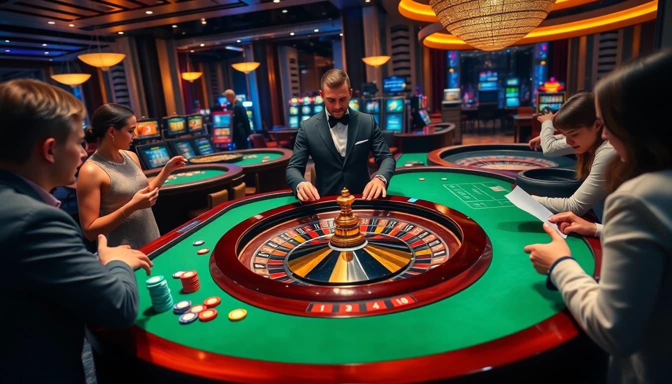 Visual representation of how to successfully แทงบอลยังไง at an upscale casino, featuring roulette and engaged players.