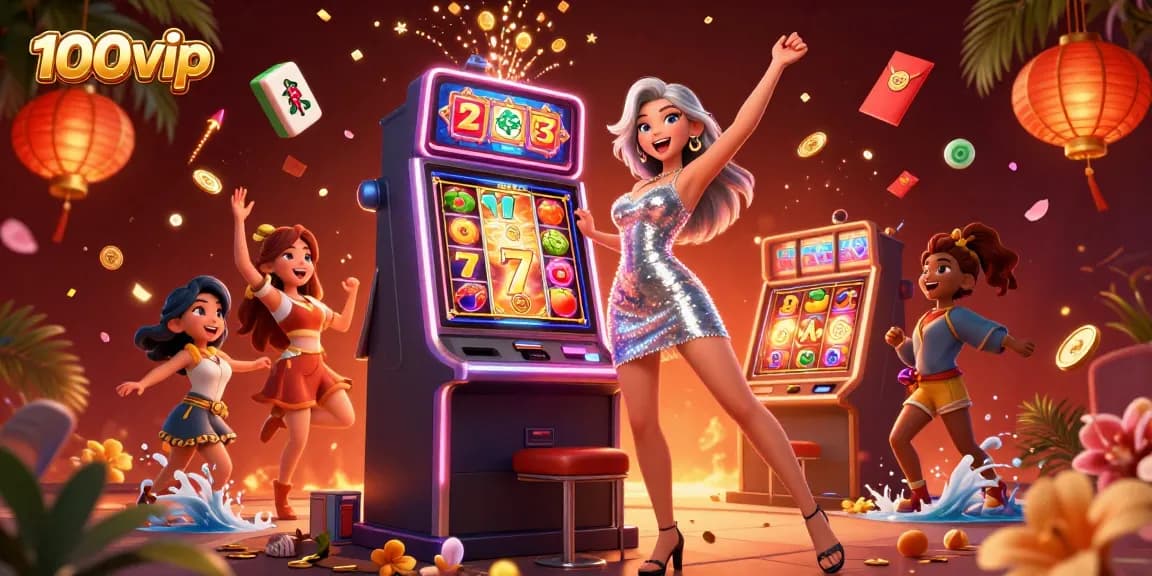 Experience the excitement of winning at 100vip's slot machine with golden coins flying and an energetic atmosphere filled with luck.