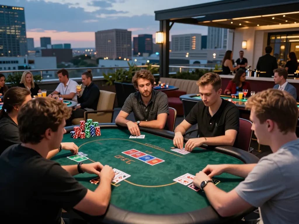 Players engage in high-stakes poker at a vibrant outdoor casino, showcasing sc88 action and strategy.