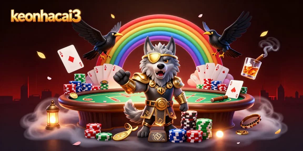 Engage with keonhacai3 through dynamic poker action featuring a mythical wolf and ravens.