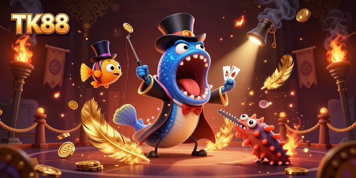 TK88 features a deep-sea eel performing tricks in a vibrant underwater casino scene, enhancing the gaming experience.