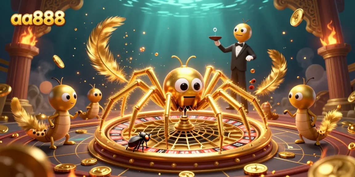 Experience the thrill of betting at aa888 with a golden spider roulette wheel illustration.