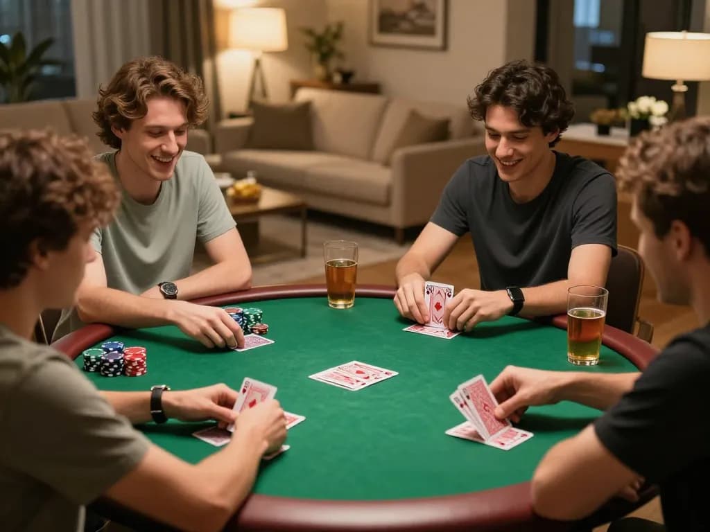 Sahabat yang terlibat menikmati permainan poker santai di rumah dengan merek DEWI77 terlihat pada kartu