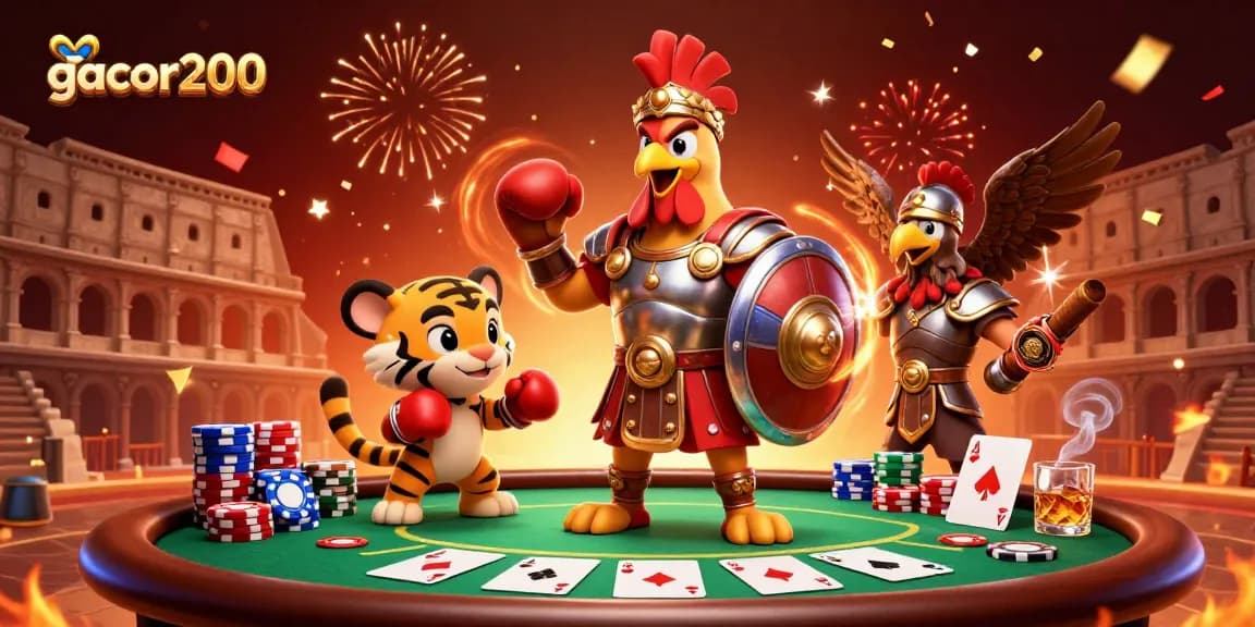 Engage with gacor200's vibrant casino scene featuring a gladiator rooster and poker elements.