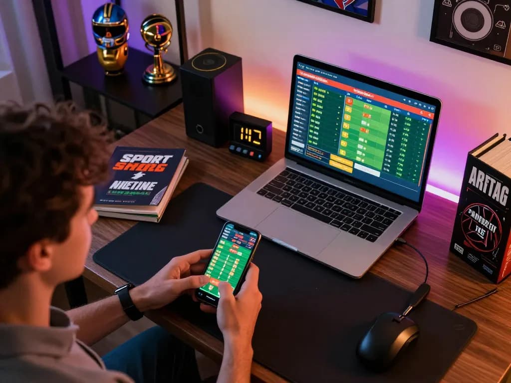 Soi Kèo betting experience with person engaging in online sports betting, showcasing devices and live odds.