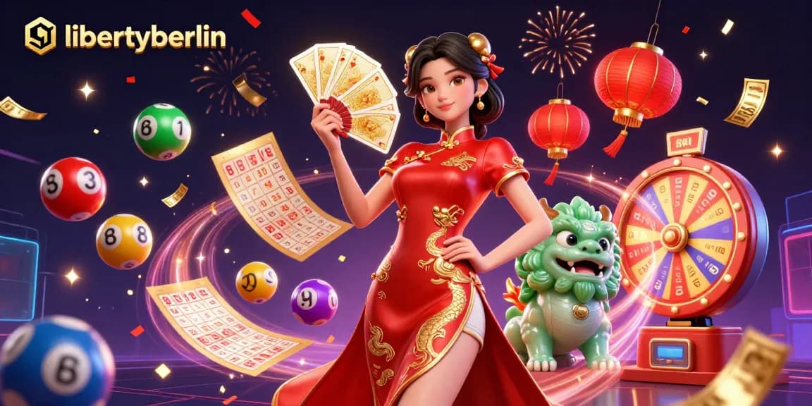 Play the lottery with libertyberlin's engaging elements, featuring vibrant lottery balls and a stylish character.