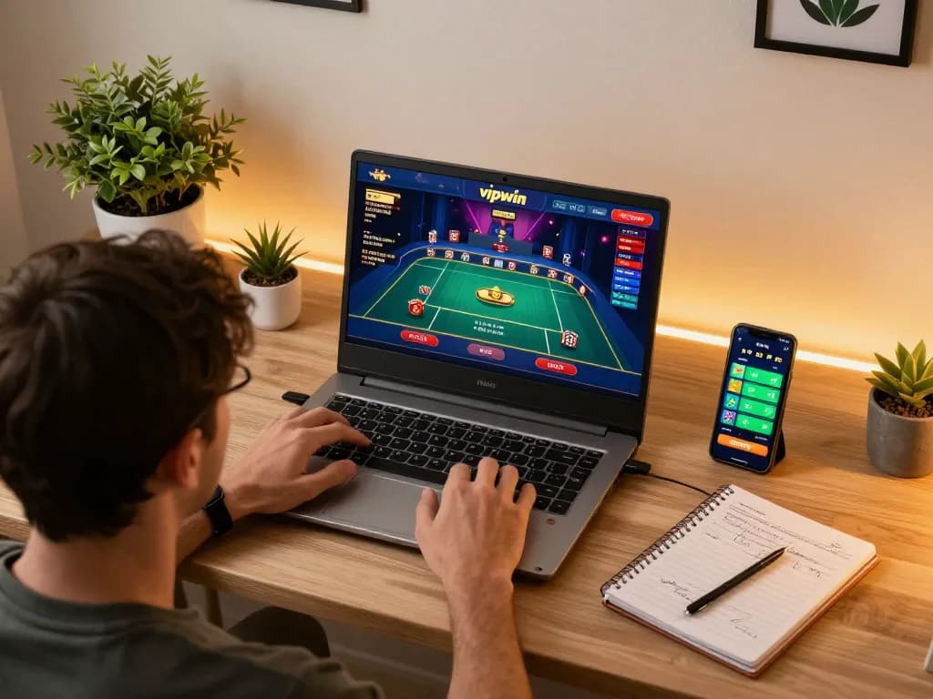 Engaged player using vipwin platform on laptop and smartphone for online gambling.