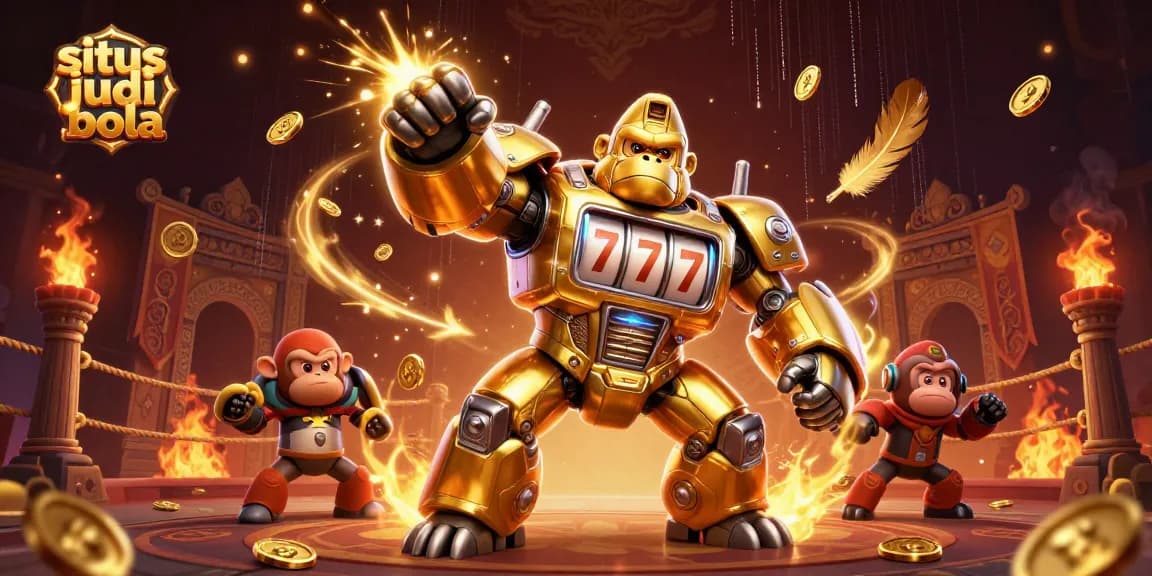 Engage with situs judi bola through a dynamic illustration featuring a golden gorilla mech amidst a thrilling betting arena.