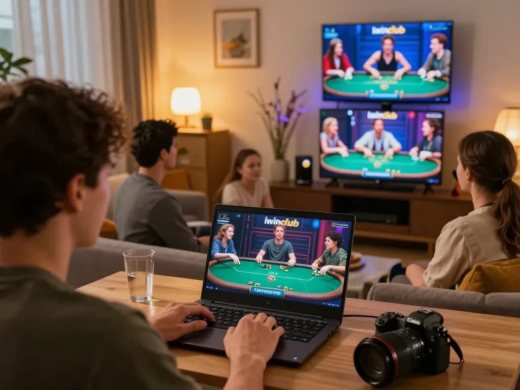 Playing poker on iwinclub interface during a cozy home gaming night with friends.