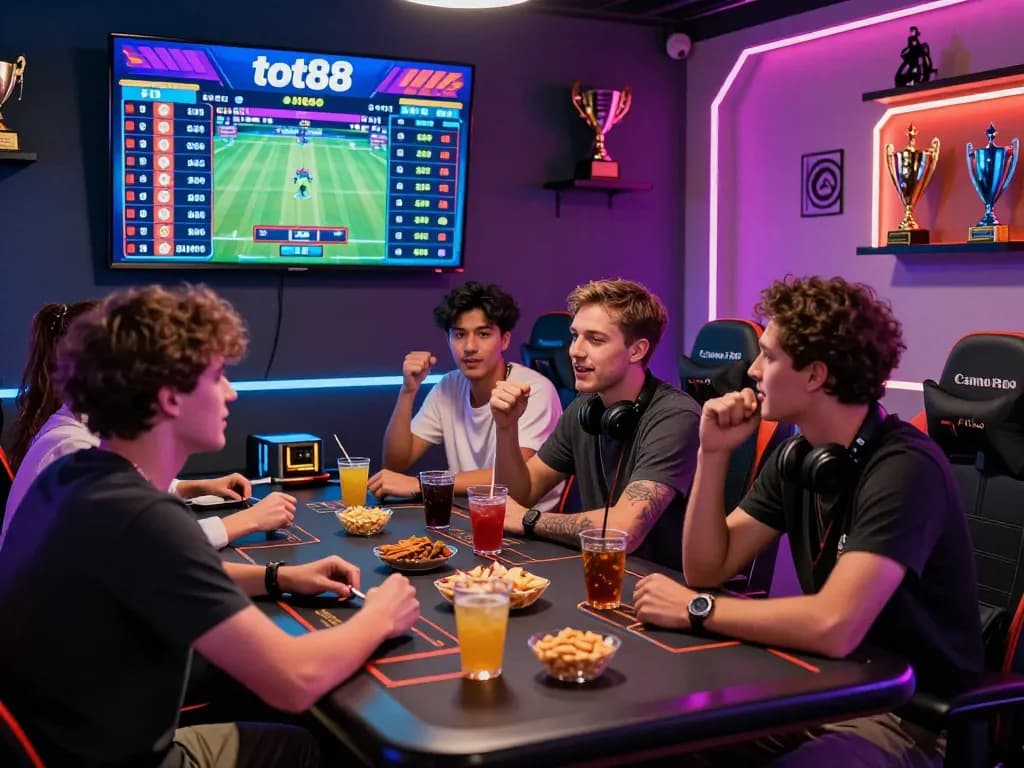 Exciting group betting scene for tot88 with friends engaged in sports betting.