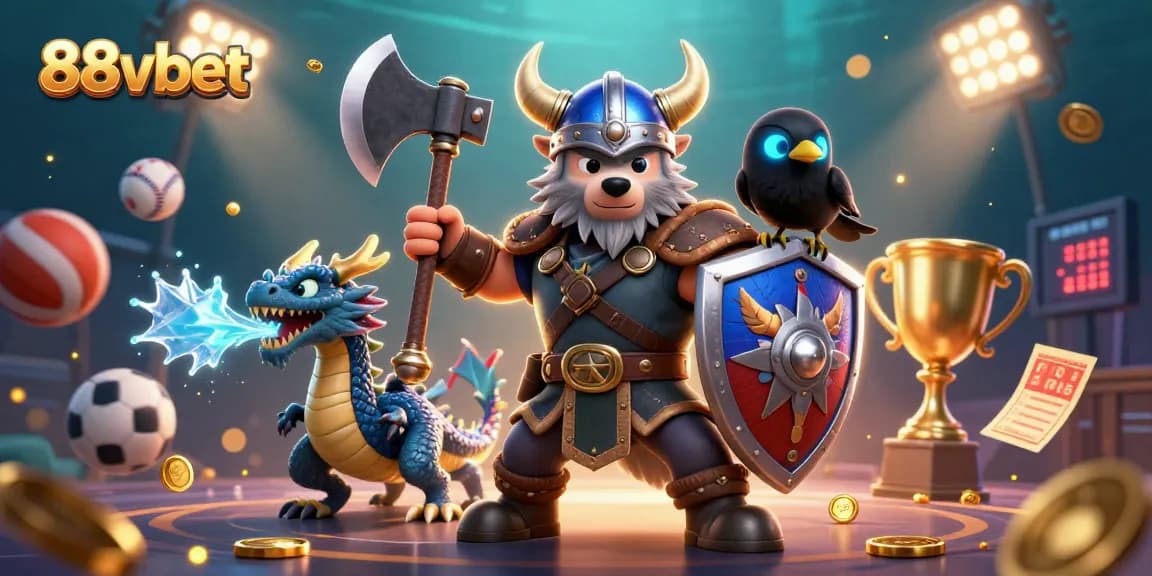 Engage with 88vbet's dynamic casino scene with Viking warrior, dragon, and sports elements.