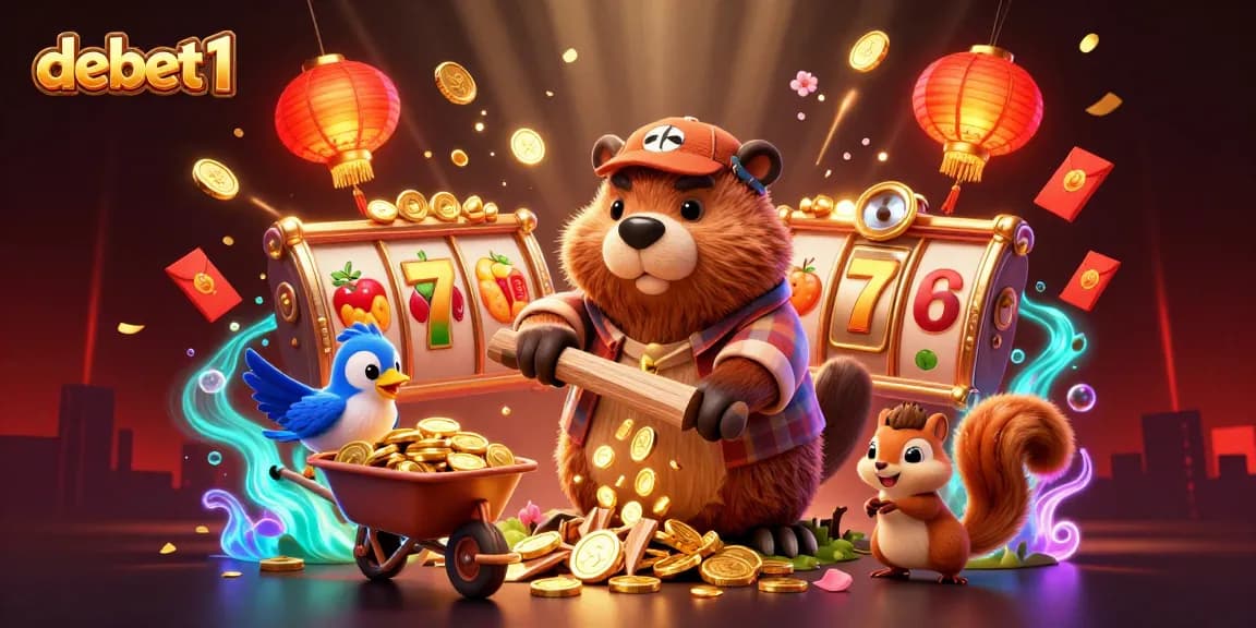 Engage with debet1's vibrant gaming scene featuring cartoon characters and slot game elements