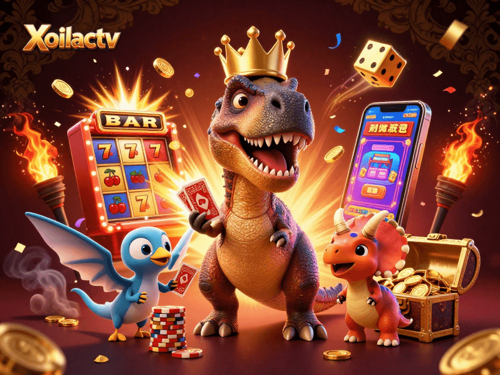 Xoilactv showcases a fun casino scene with a T-Rex shuffling cards and a slot machine bursting coins.