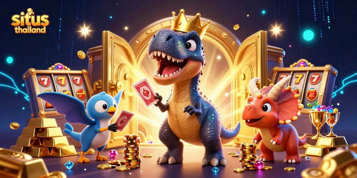 Situs Thailand game elements featuring a friendly dinosaur scene with cards and chips for a dynamic slots experience