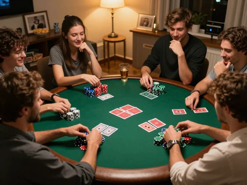 Nego77 poker night with friends enjoying exciting gameplay around the table.