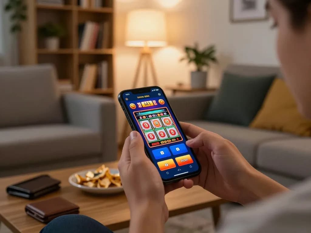 Engaged player exploring MM88 online casino app interface on smartphone in cozy setting