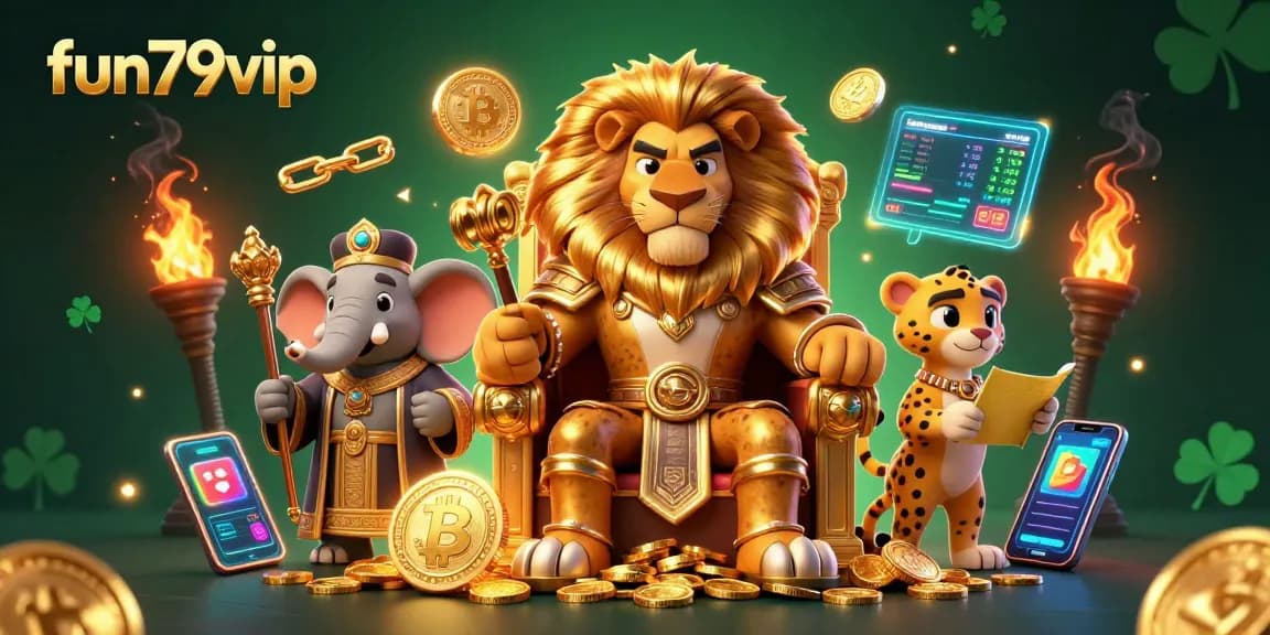Spin the reels at fun79vip with an engaging cartoon scene showcasing casino elements and royal characters.