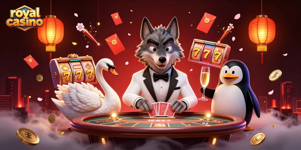 Engage in the thrilling royal casino experience with cards and jackpots displayed in an entertaining scene.