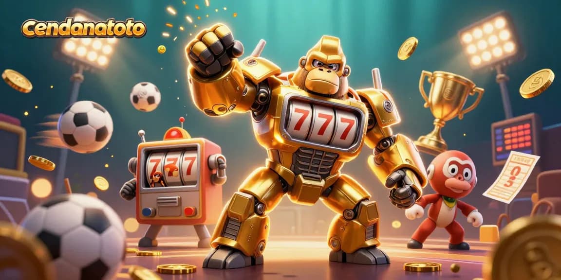 Cendanatoto engages players with a golden gorilla mech and dynamic sports elements in a captivating casino scene.