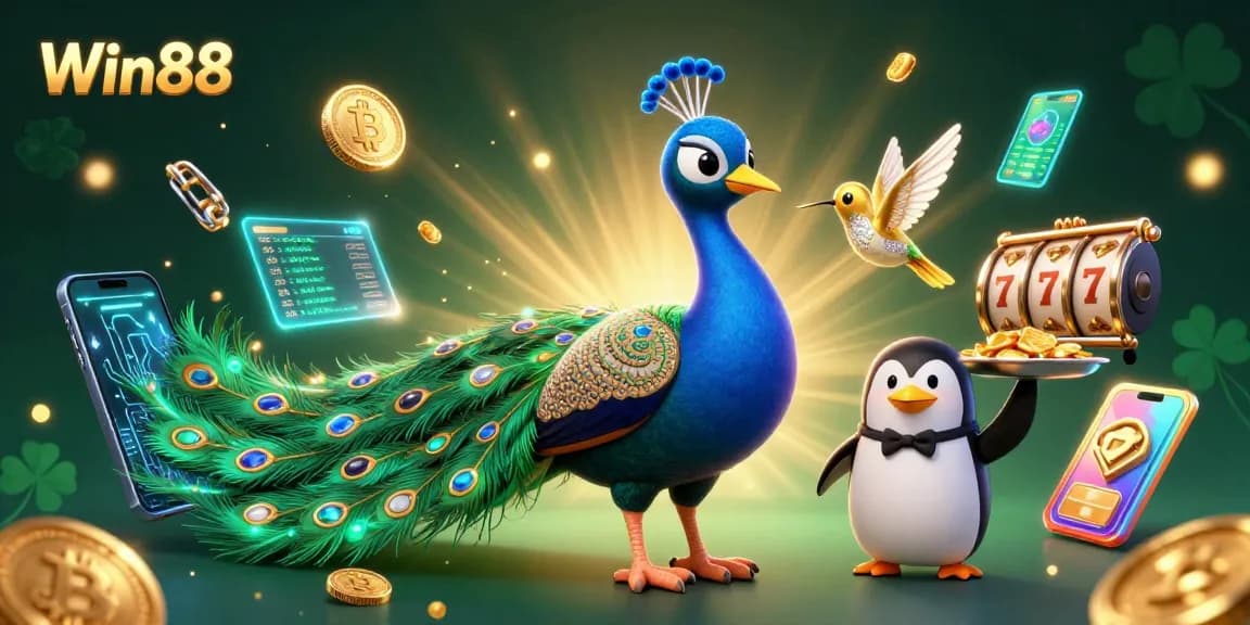 Experience excitement at Win88 with vibrant 3D characters and casino elements celebrating your wins.