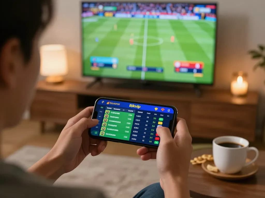 Placing live sports bets on Rikvip app in modern home setup.