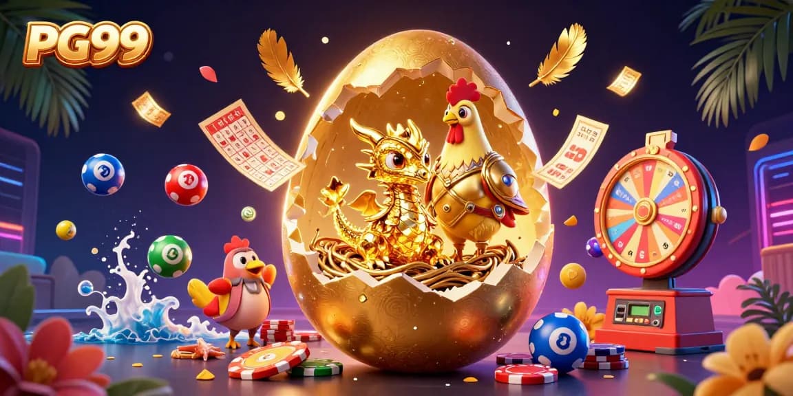 The golden dragon of PG99 emerges, amidst a vibrant celebration of casino games and prizes.