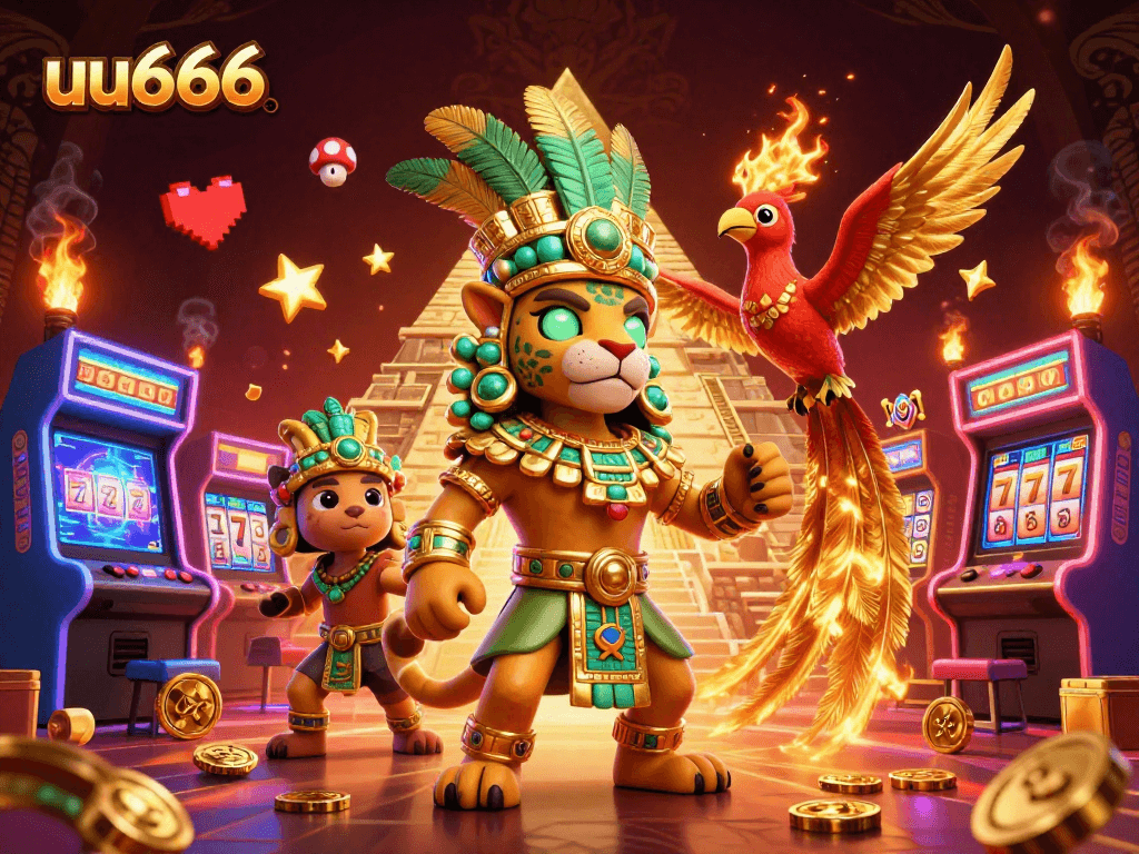 uu666 features stunning scenes of a Mayan jaguar priest with slot reels and casino elements, enhancing your gaming experience.