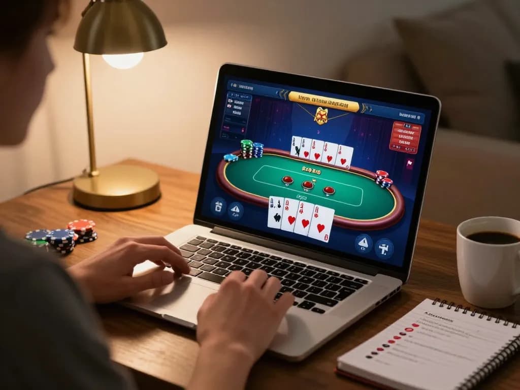 Engaging in online poker at home using a laptop while focused on the go8 interface with betting strategies.