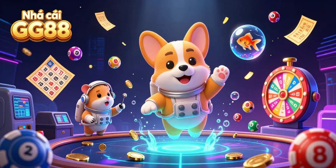 Engage with Nhà cái GG88 in a vibrant space station casino scene filled with floating lottery elements and riches.