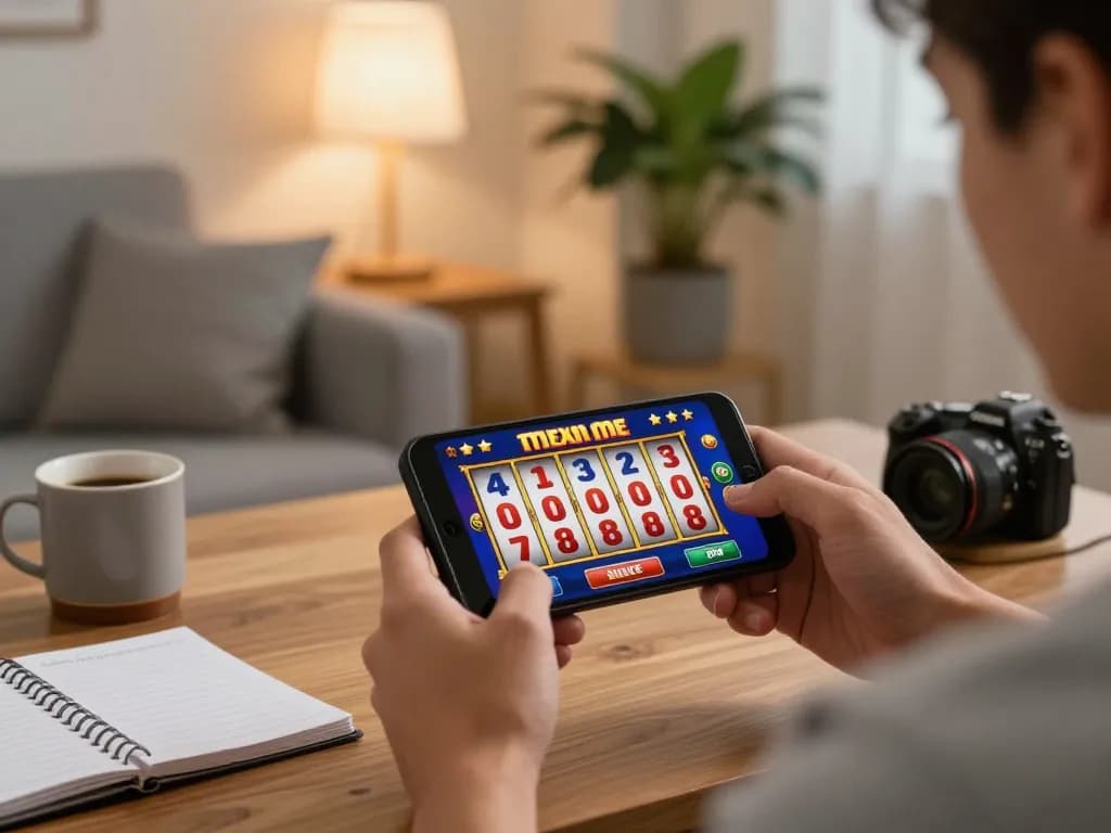 Seorang pemain dengan senang hati memutar slot online di aman788 dari pengaturan rumahnya yang hangat dan mengundang.