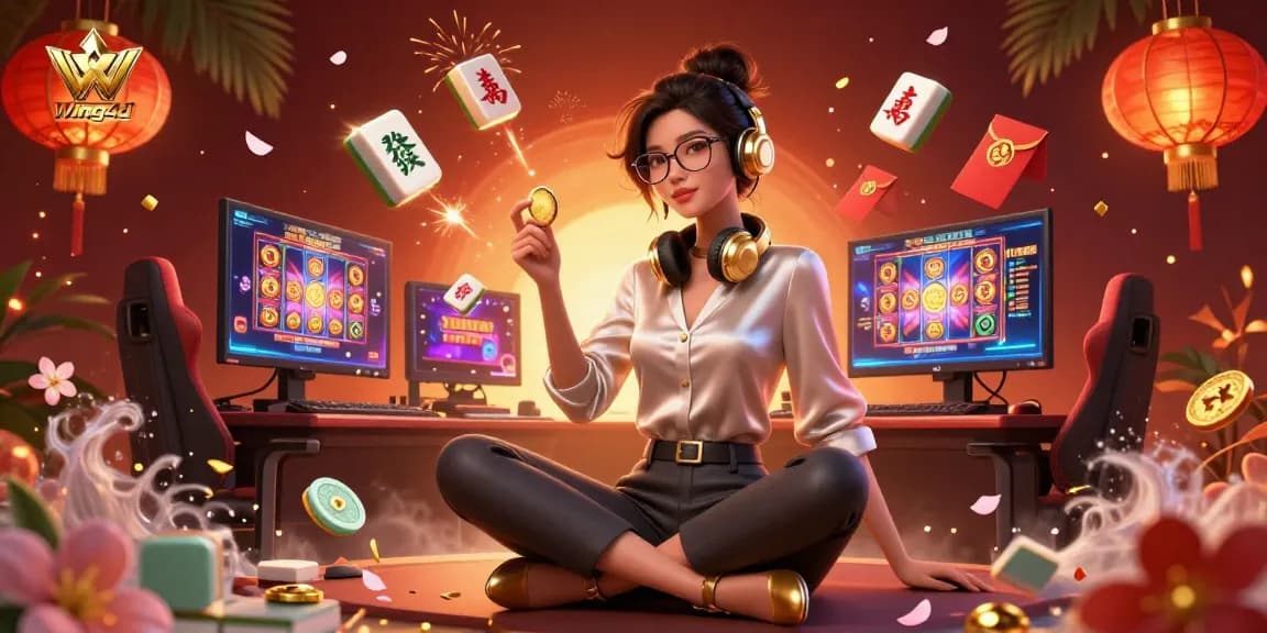 Experience excitement with wing4d as a stylish Asian woman engages in dynamic casino action, surrounded by vibrant game elements.