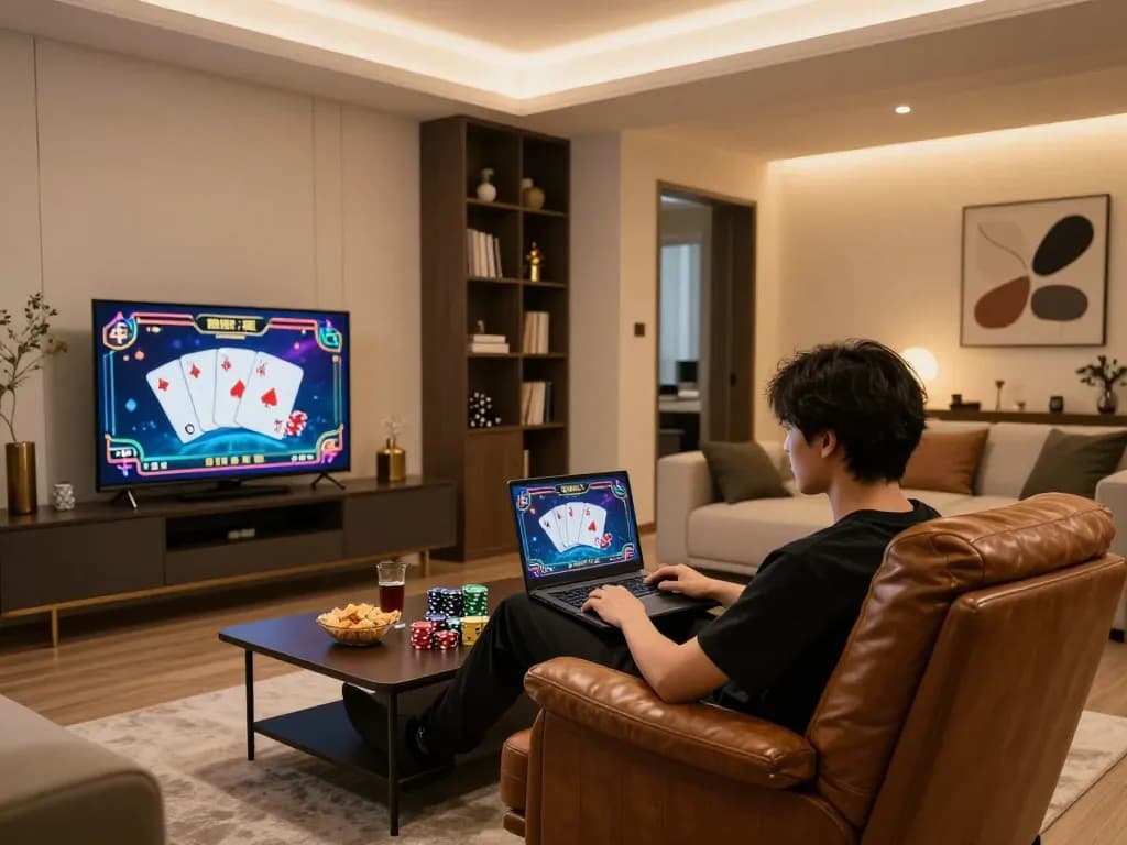 Engaged in Canada online casinos gaming, player at home using laptop surrounded by poker chips and a cozy atmosphere.