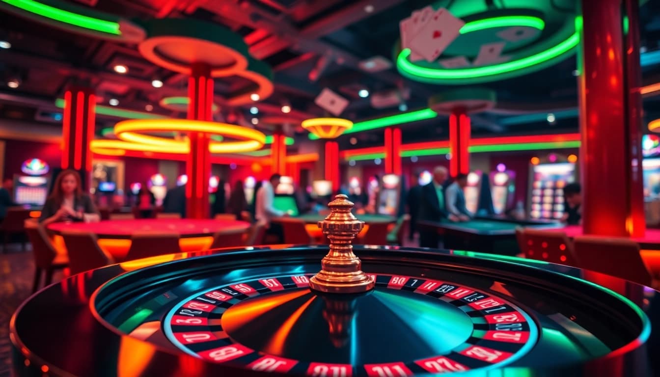 Permainan menarik di landaktoto dengan meja roulette yang menonjol dan cahaya neon yang cerah.