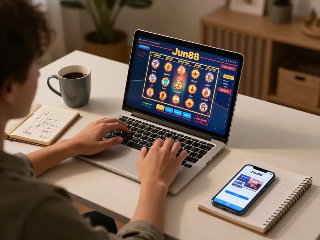 Engaged player enjoying Jun88 casino games on tablet in cozy home setup.