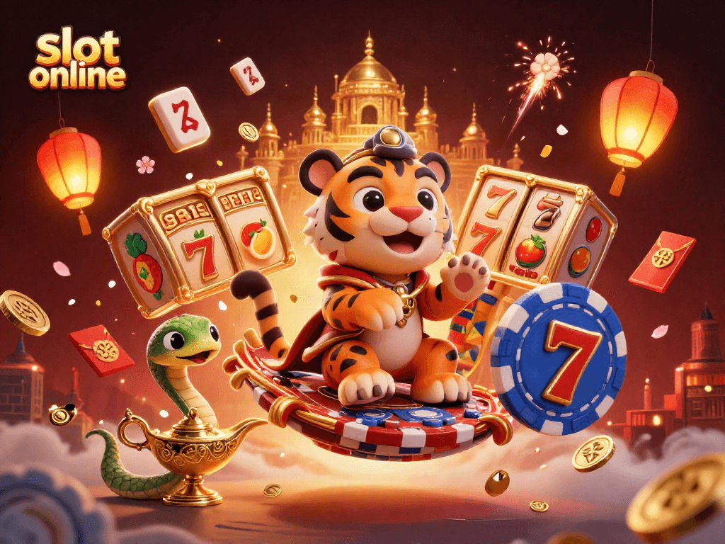 Slot online menampilkan sultan harimau terbang di karpet dengan simbol jackpot dan koin berkilau.