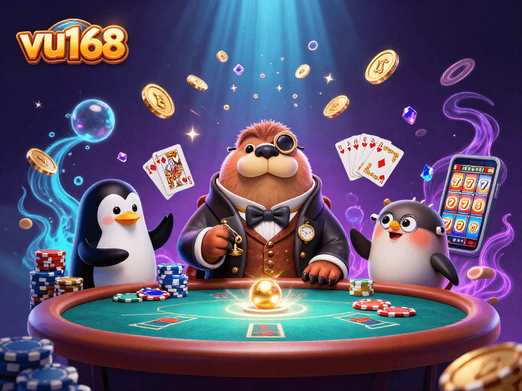Experience thrilling gaming with vu168's vibrant underwater poker scene featuring a walrus, penguin dealer, and a bluffing pufferfish.