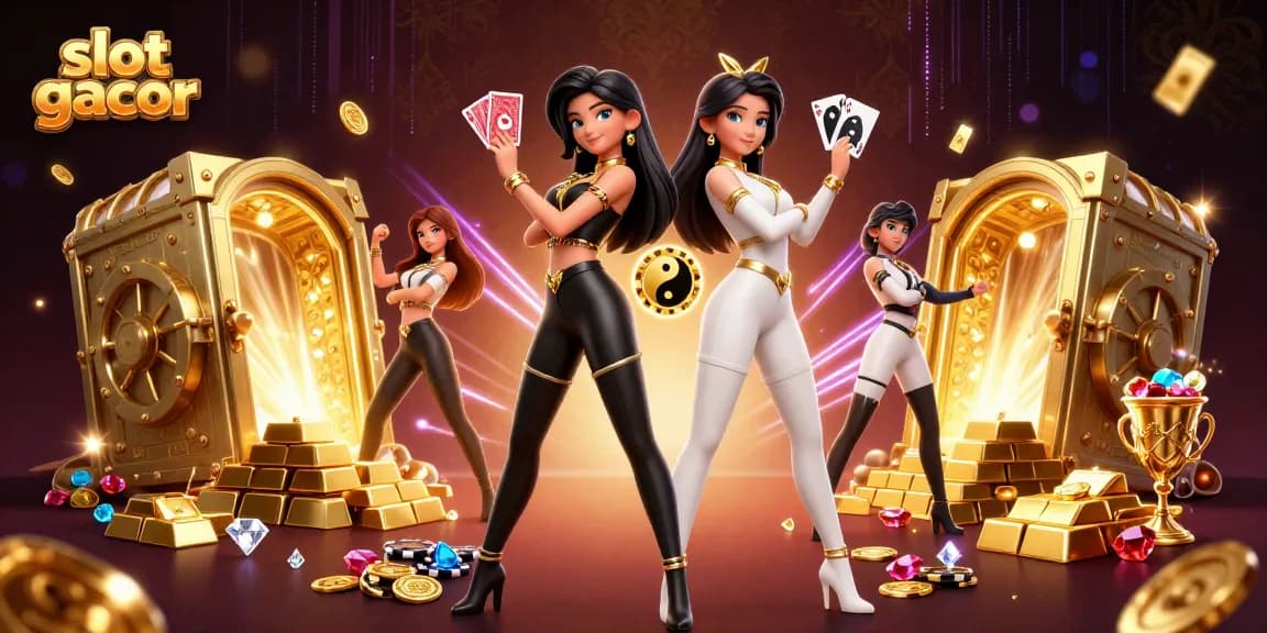 Experience the thrill of slot gacor with Asian women showcasing winning cards in a vibrant casino scene.