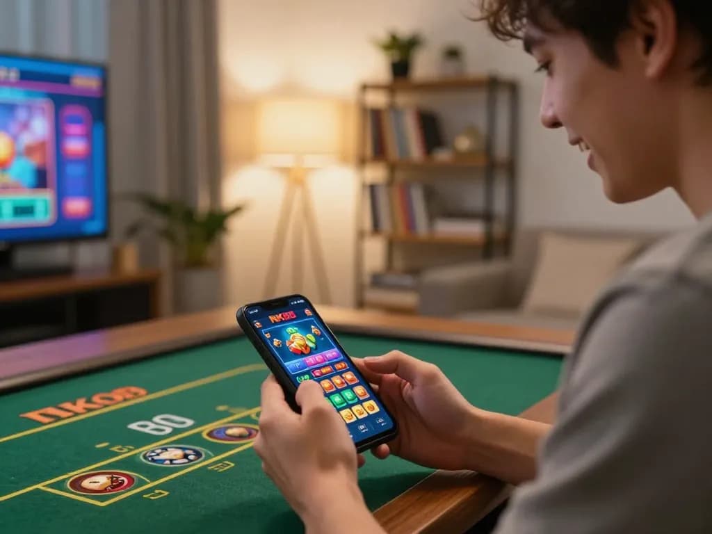 Navigating NK88 app for online gambling, vibrant gaming interface, engaging atmosphere
