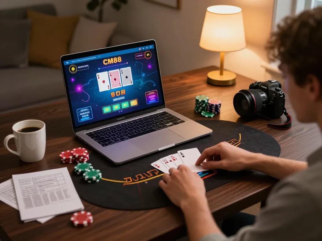 Engaging with CM88 online blackjack on a laptop, showcasing a dynamic gaming setup