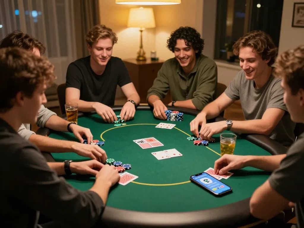 Pemain yang terlibat di malam poker di rumah menggunakan dasi4d link alternatif untuk taruhan strategis, suasana yang hidup.