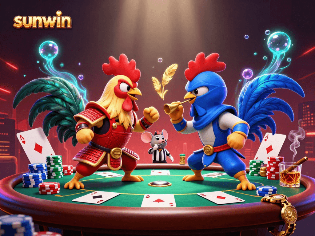 Engage with the sunwin theme as fighting roosters face off in a vibrant poker showdown.