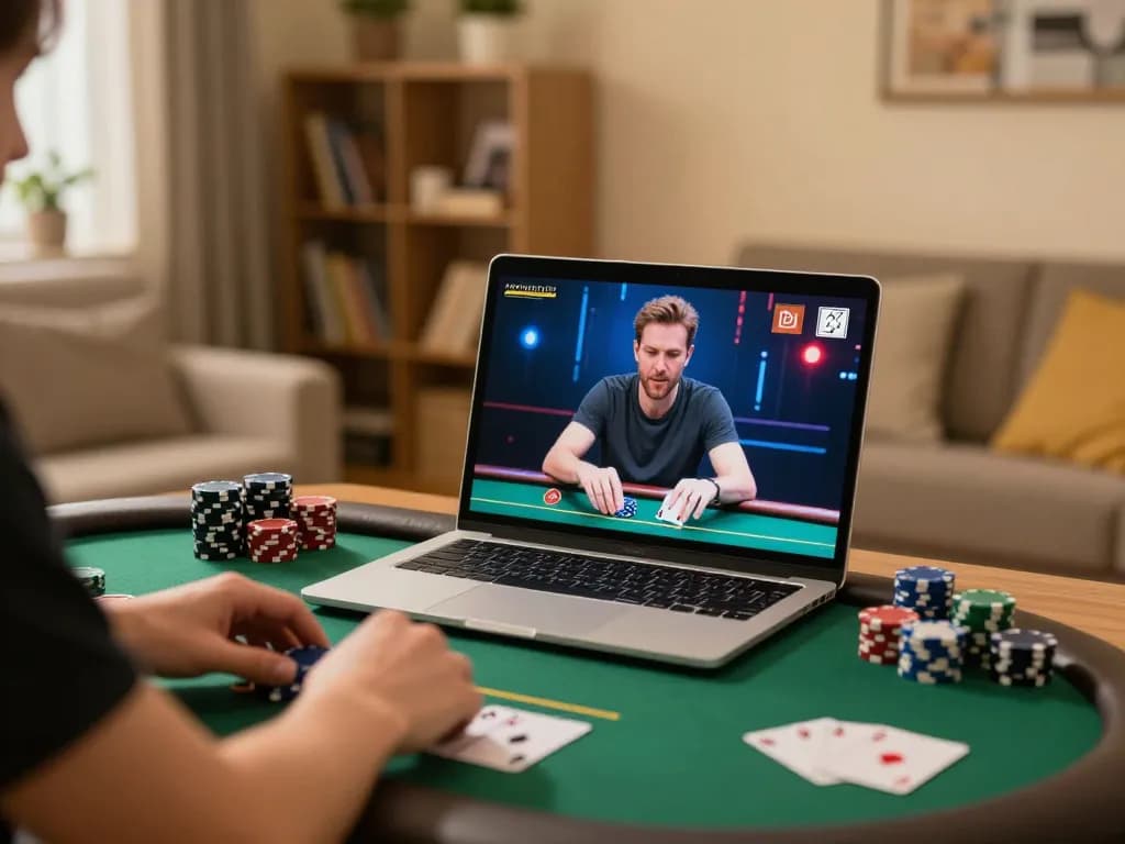 Engaging online poker gaming session at home with GO8 platform on the laptop, showcasing strategic play.