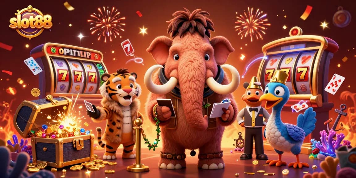Jelajahi slot88 yang mengasyikkan dengan bouncer mammoth dan tamu VIP, dikelilingi harta karun slot online.