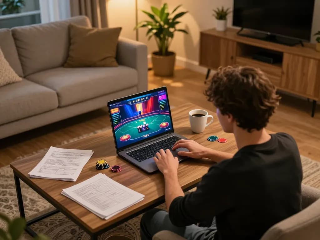 king33 online poker game in a cozy home setting with strategic notes visible