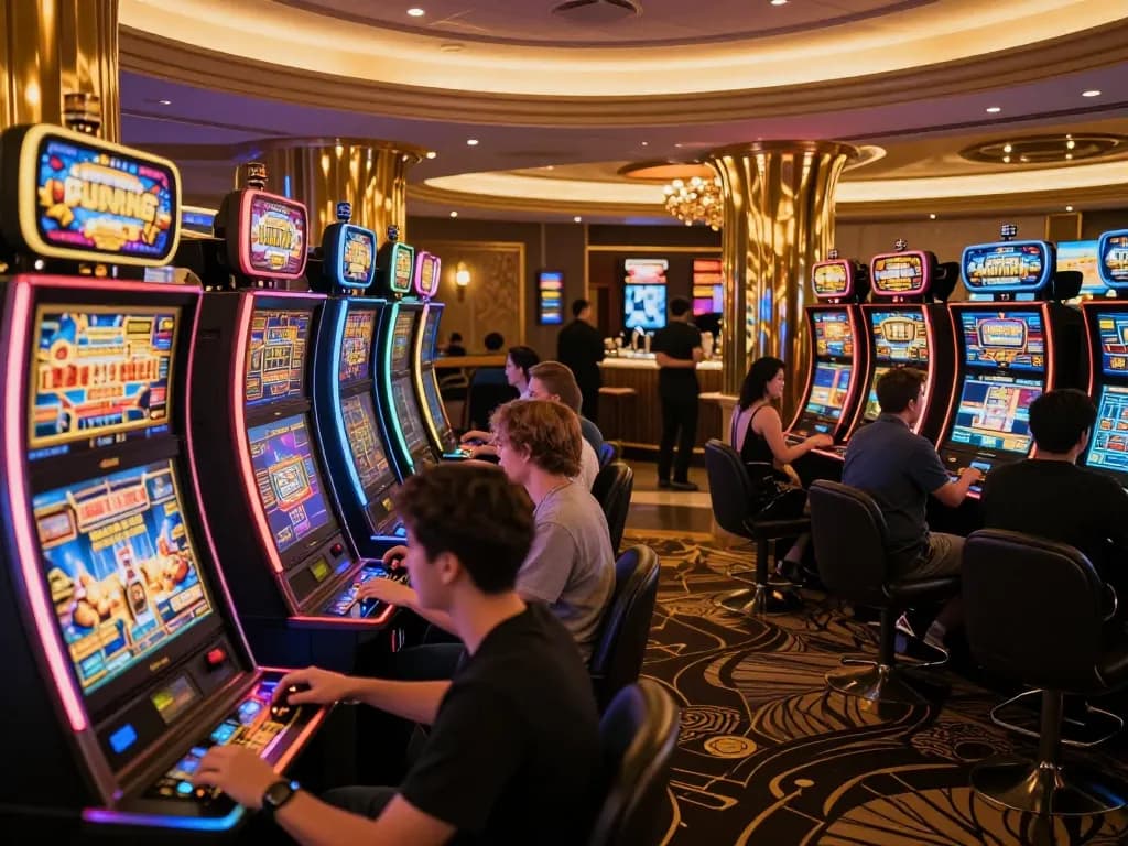 TG88 players enjoying a vibrant gaming experience at luxurious slot machines.