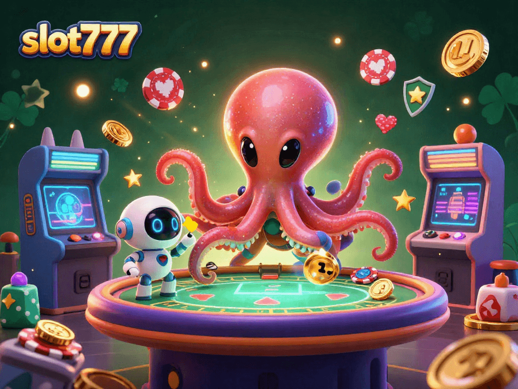 Experience exhilarating slot777 adventures with a vibrant alien octopus at a cosmic poker table.