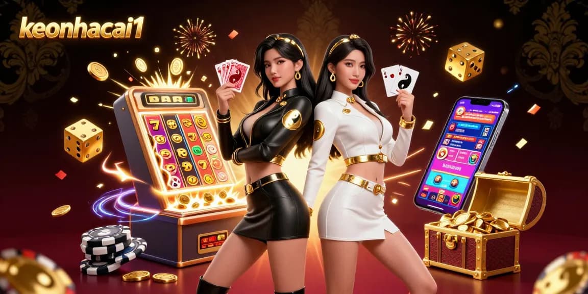 Engage with keonhacai1's spectacular casino scene featuring twin Asian women showcasing red and black playing cards amidst a jackpot celebration.